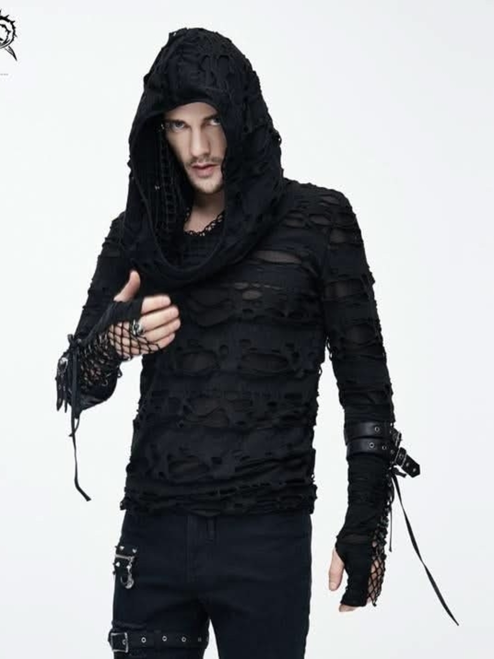 Rare Devil Fashion Deadstock - Long Sleeve Distressed Cutout Hooded Goth Punk